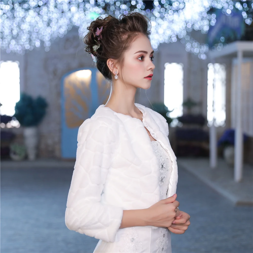 Женское вечернее болеро из искусственного меха с рукавом три четверти свадебная