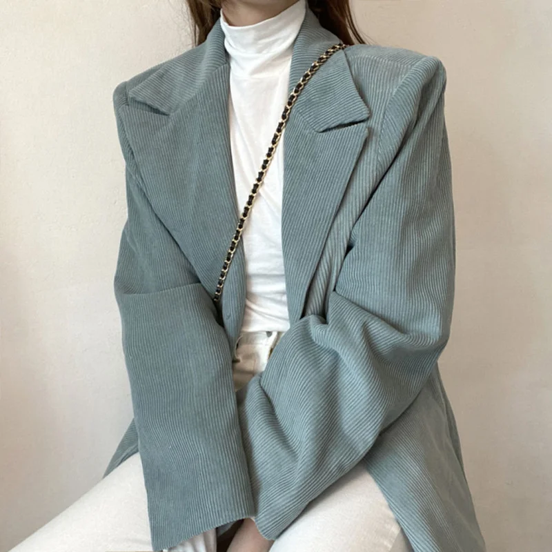 

Korean Chic Autumn Lapel Two Button Design Loose Pocket Cotton Corduroy Long Sleeve Suit Coat