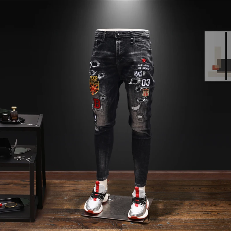 Men New Trend Ripped Embroidery Casual Slim Fit Jeans Pants