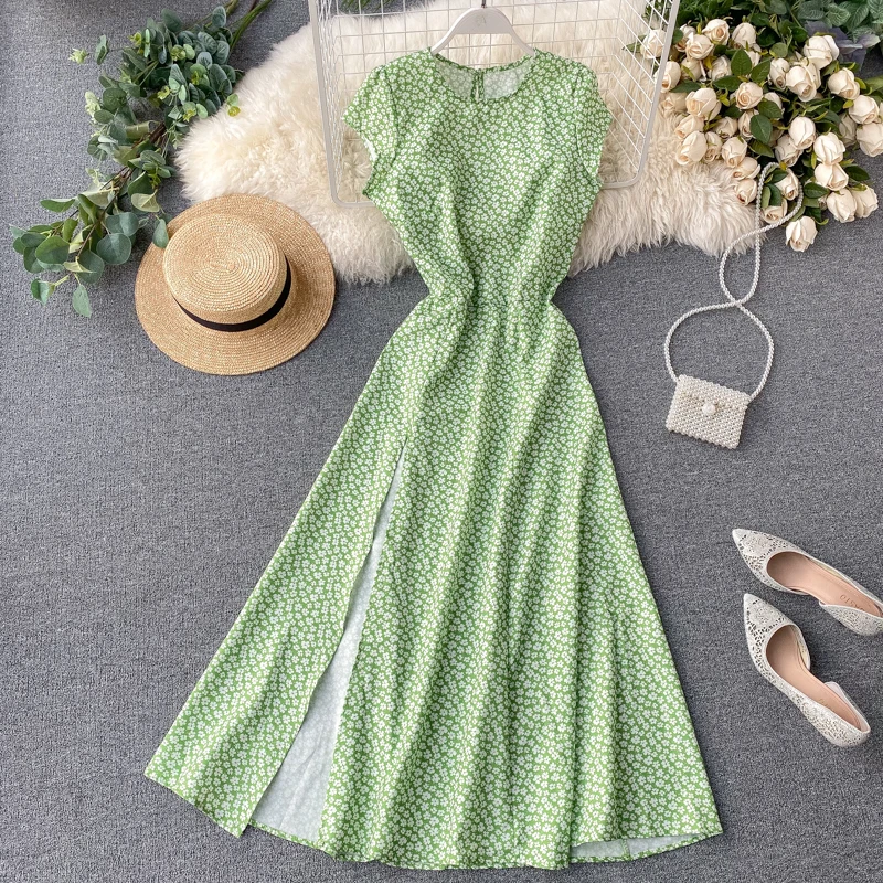 Женское винтажное платье с цветочным принтом Зеленое Длинное облегающее