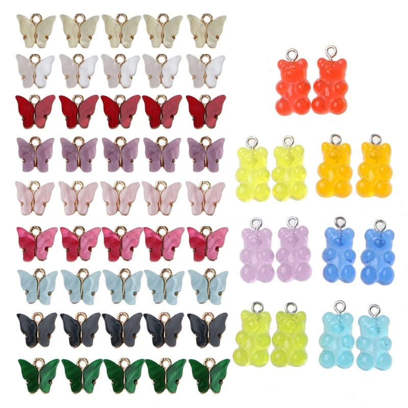 

N58F Butterfly Charms and Bear Candy Pendant Set Multicolor Enamel Butterfly Pendant Colourful Resin Pendant for DIY Jewelry