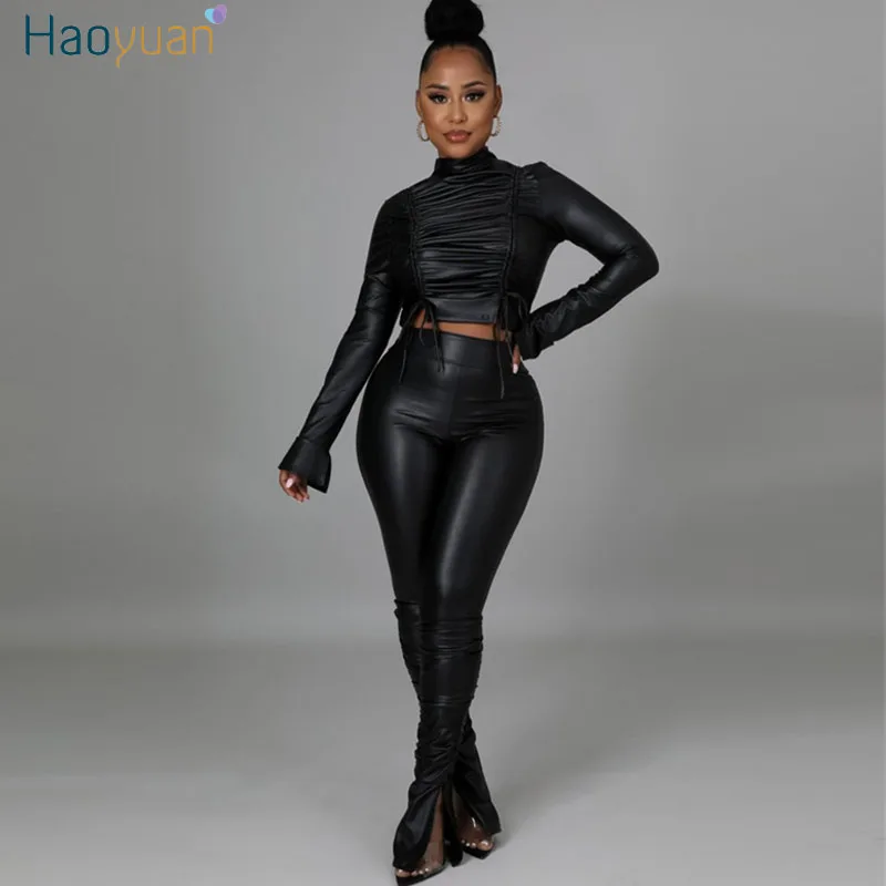 

HAOYUAN Sexy Black PU Leather Two Piece Set Women Lace Up Long Sleeve Crop Top Pants Suit Fall Clothes Loungewear Matching Sets