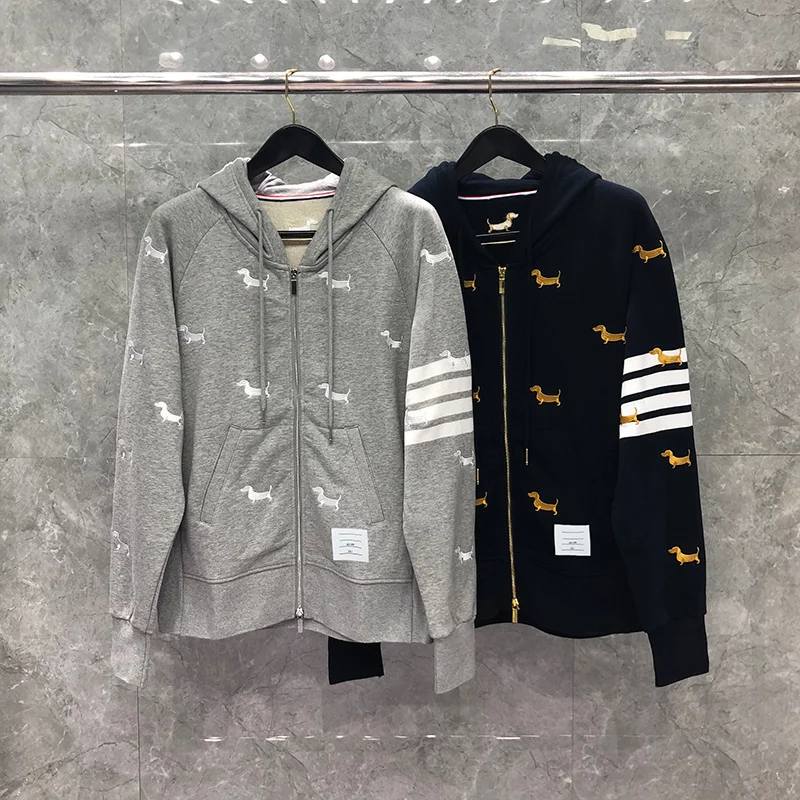 

THOM Sweatshirt Autunm Winter Brand Coats Puppies Designs Embroidery 4-Bar Zip-Up Classic Cotton Jersey Hoodie
