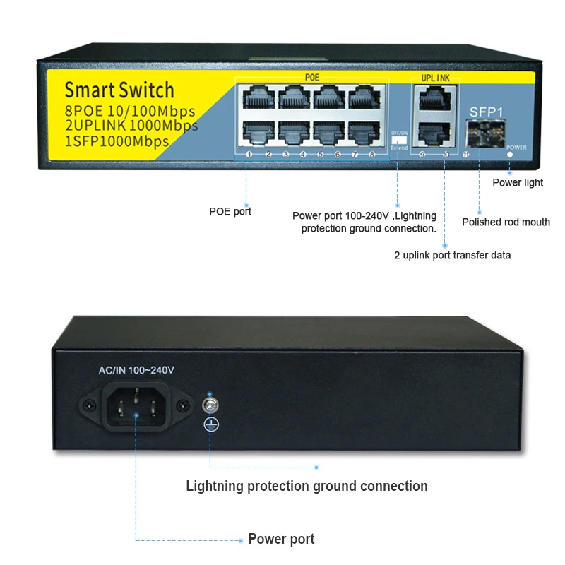 Сетевой коммутатор POE Gigabit 48 В 2 порта 1000 Мбит/с 8 портов 1 SFP 802 3 af/at ethernet для IP