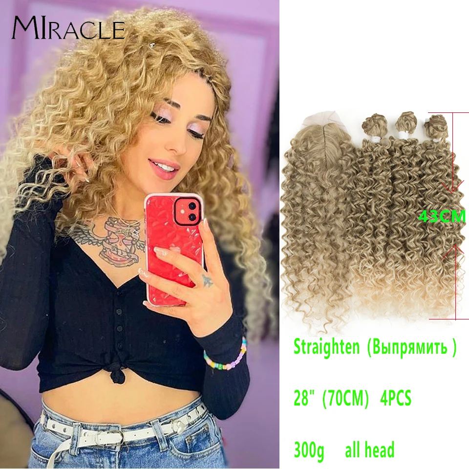 

28Inches Afro Kinky Weave Bundles With Closure Nature Ombre BlondeSynthetic Hair Extension 4pcs/Lot For Black Women Miracle hair