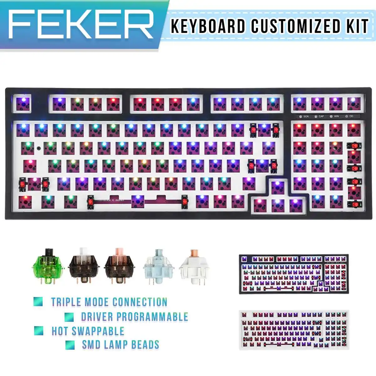 

Набор для клавиатуры FEKER, проводная клавиатура с 98 клавишами Hotswap, 2,4 ГГц, bluetooth, 3/5 контактов, RGB подсветка, механическая клавиатура, индивидуа...