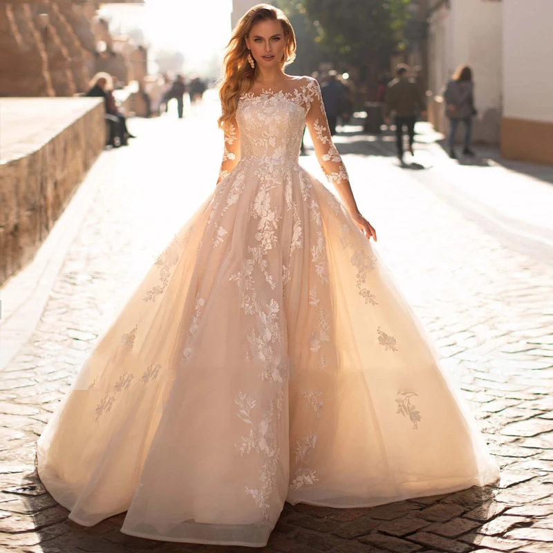 

Verngo A Line Champagne Boho Wedding Dresses Plus Size Appliques Lace Wedding Gowns 3/4 Sleeves Lace Up Bridal Gown Princess