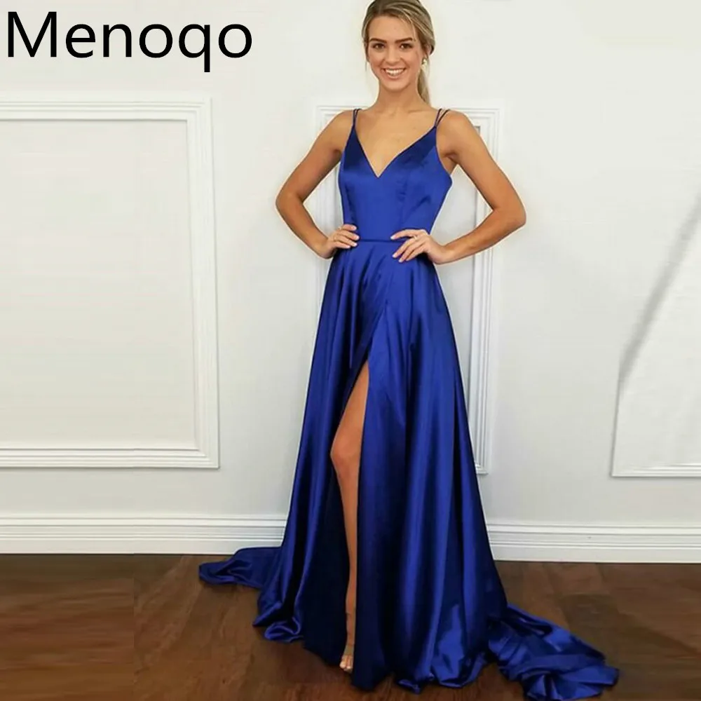 

Royal Blue Prom Dresses Satin Spaghetti Straps V Neck Evening Dress With Side Slit Long Sweep Train Adorable Vestido De Festa