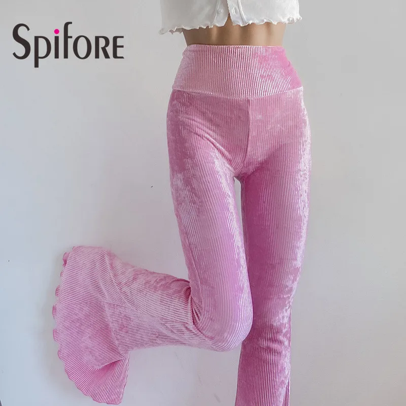 Spifore Velvet Flare Pants Y2K Pink New Fashion Floor Length Skinny Street Wear Chic High Waist Flared Trousers Women 2022