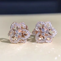 luxury sweet hollow flower floral ladies stud earrings full micro paved rhinestone crystal zircon for women party jewelry