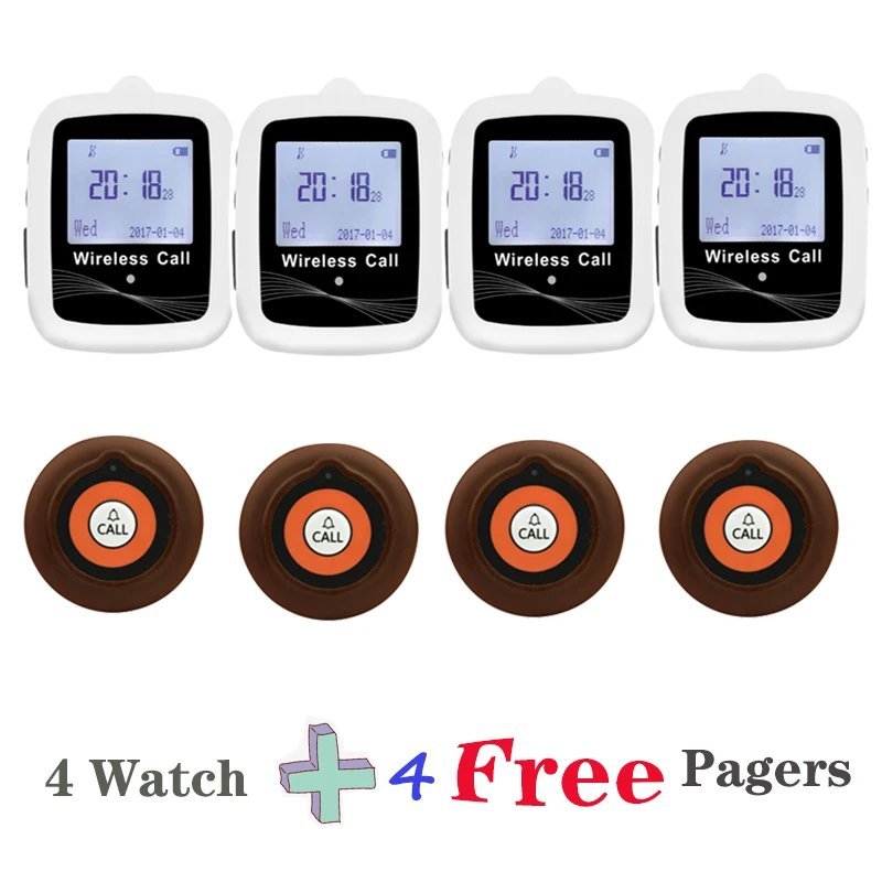 Wireless Calling System 4 Vibrators Buzzer Watch Pager Receiver + 4 Buttons Transmitter For Restaurant Hookah Waiter Call