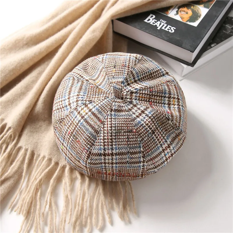 Милые корейские Восьмиугольные кепки для девочек цветные клетчатые береты с