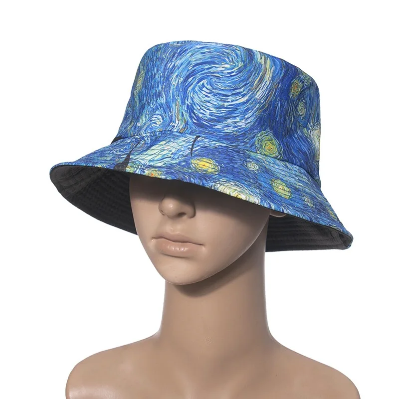 Sombrero de cubo con patrón de cielo estrellado para hombre y mujer, sombrero de pescador Unisex con diseño de Van Gogh Azul, de dos caras, para primavera y verano