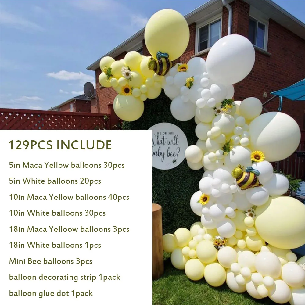 Guirnalda de globos de abeja blanca y amarilla, Kit de arco de aluminio, globos de abeja para Baby Shower, decoraci&oacute;n para fiesta de d&iacute;a de abeja, 129 Uds.-3