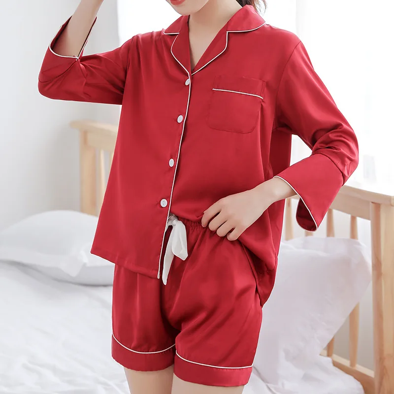 Casual Women Sleepwear 2PCS Pajamas Set Satin Shirt&ampShorts Silky Nightwear Kimono Bathrobe Gown Soft Intimate Lingerie Pijamas | Женская