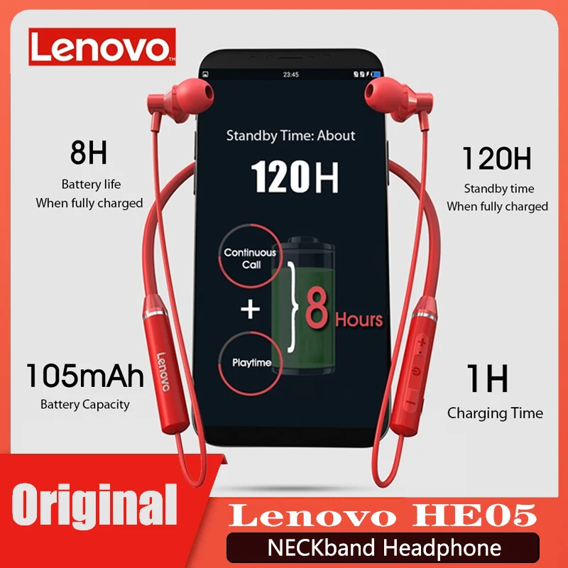 

Original Lenovo HE05 Wireless Earphones Bluetooth 5.0 Headphone Magnetic Neckband IPX5 Waterproof Sport Earbuds with Mic