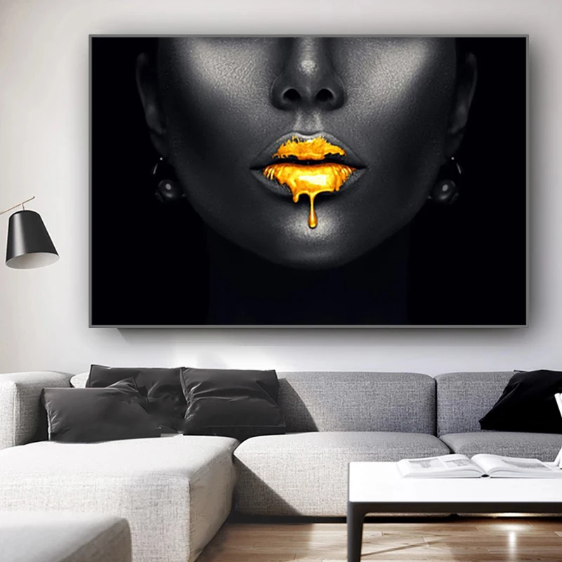 

Classic Black Women Golden Lips Canvas Painting Poster Printing Home Living Room Decoration Painting Cuadros
