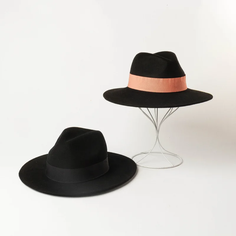 Autumn Winter Fashion Exquisite Wool Simple Color Multicolored Decorative Ribbon Matching Design Wide Fedoras Hats for Women Men