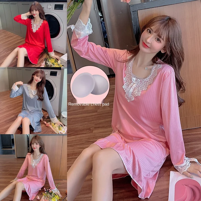 2021 Spring and Autumn New Comfortable Lace Women's V-Neck Long Sleeve Fashion Nightdress Women Can Wear Home Nightdress