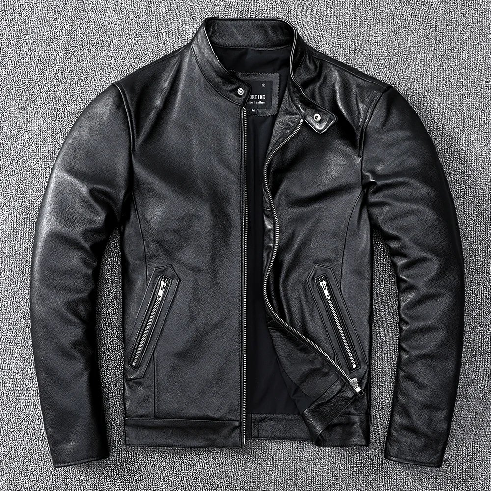 

Factory 2021 Autumn Men Cowskin Jacket Genuine Leather Coat Motor Biker Clothing Cowhide Motorcycle Stand Collar