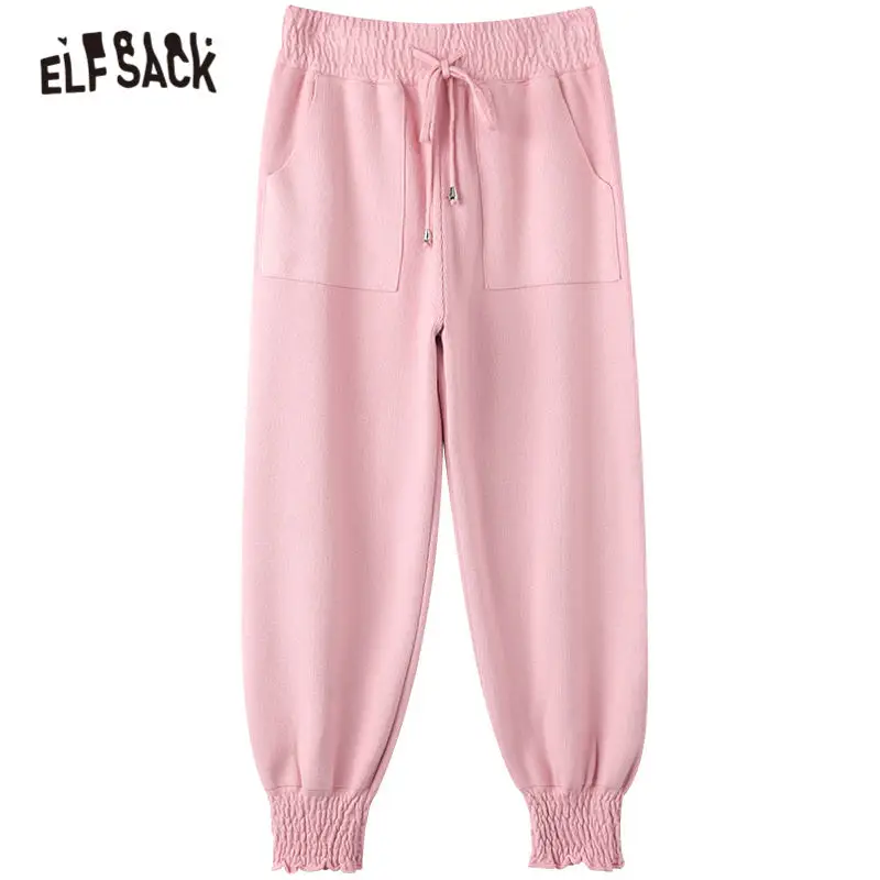 ELFSACK Solid Pure Straight Casual Women Knit Pants,2021 Winter ELF Vintage Drawstring High Waist Ladies Basic Daily Trouser