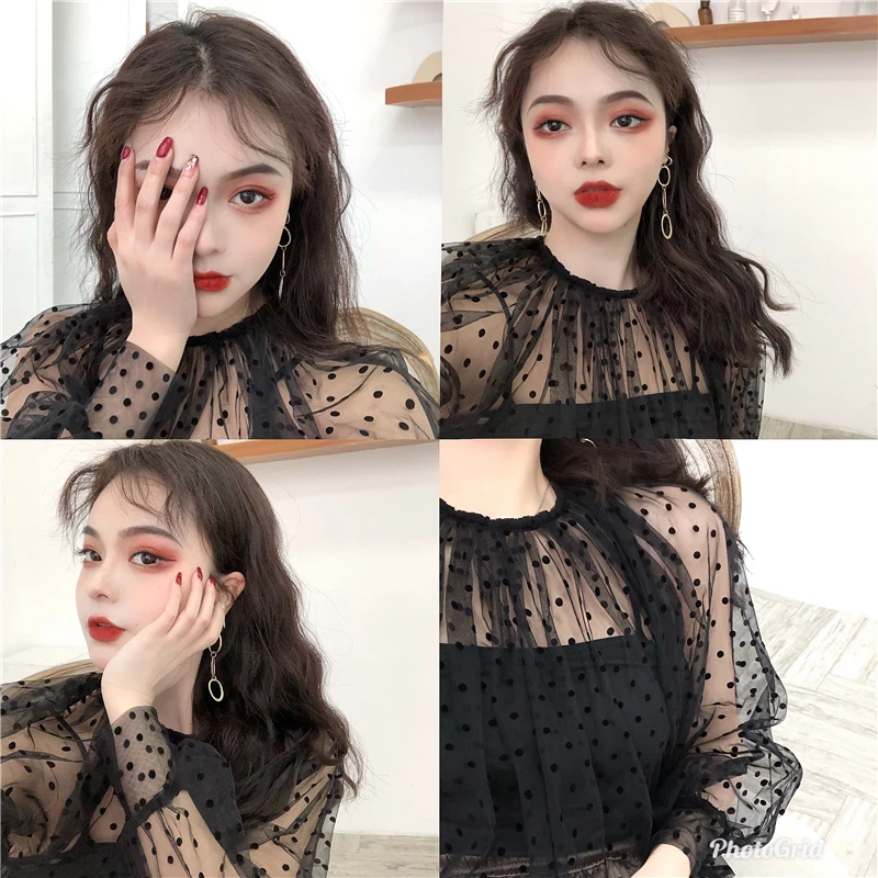 

summer mesh lace long sleeve Women's Clothing shirts perspective Blouses polka dot sweet style tops new blusas y camisas mujer