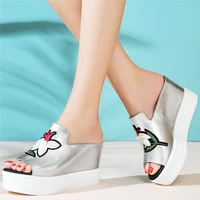 women cow leather wedges high heel slippers female open toe gladiator sandals platform pumps shoes summer flower casual shoes