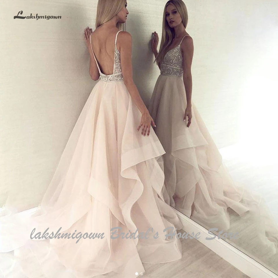 blush pink Сексуальное женское пляжное свадебное платье с открытой спиной румяно-розовый Lakshmigown кристаллами платье невесты с отделкой бисером Robe de Mariage свадебные платья - Цвет: blush pink