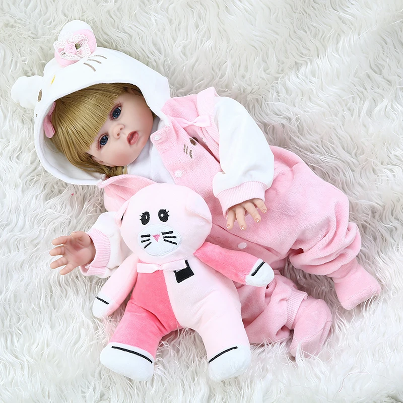 NPK 48 см Полный тела мягкие силиконовые bebe куклы для новорожденных, для девочек в розовом котенке платье набор реалистичные гибкие детские куклы