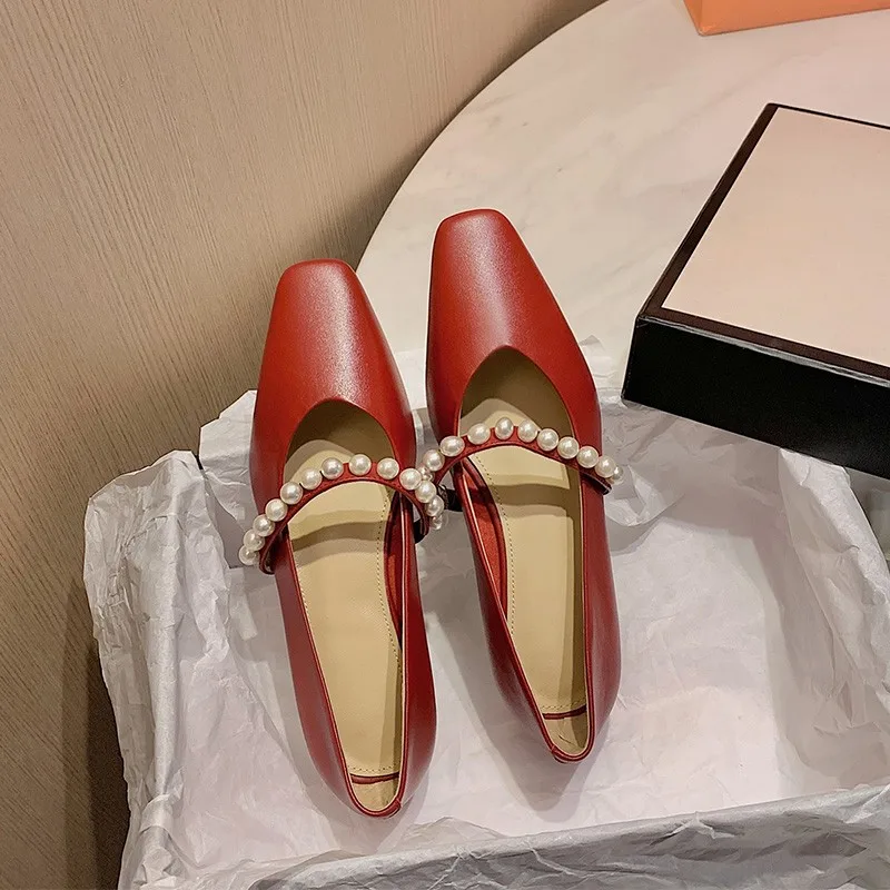 

Женские туфли-лодочки ручной работы, туфли из натуральной кожи на низком каблуке с жемчугом, Туфли Мэри Джейн больших размеров 40, новинка ве...