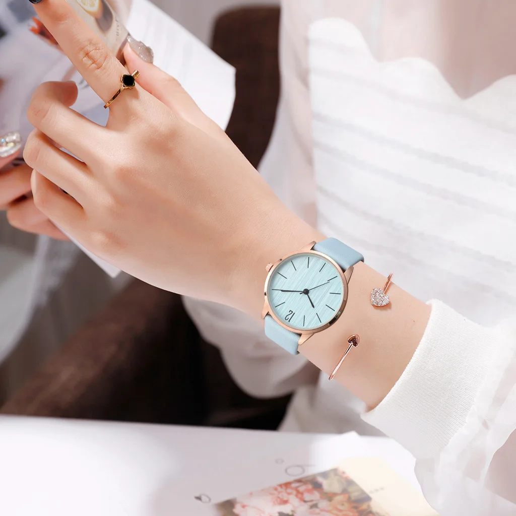 Skyblue with Bracele Модные простые 2 шт набор браслет часы женские кожаные аналоговые женские кварцевые часы на запястье часы женские часы ювелирные изделия женские часы - Цвет: Skyblue with Bracele