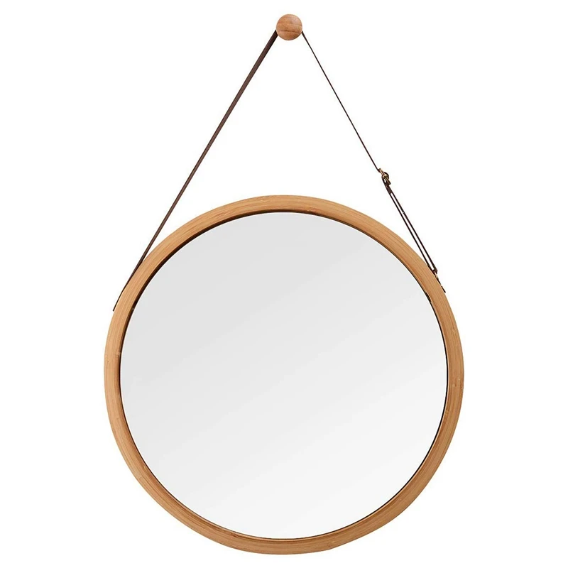 

Круглое настенное зеркало в ванной и спальне-прочная бамбуковая рамка и регулируемый кожаный ремешок