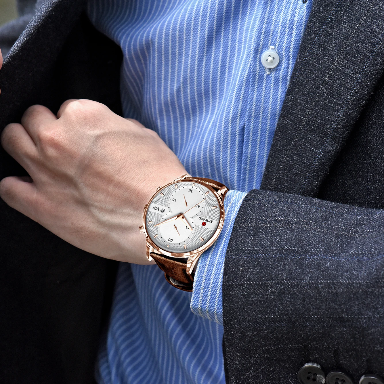 Награда Белый кварцевые наручные часы для Для мужчин коричневый кожаный ремешок