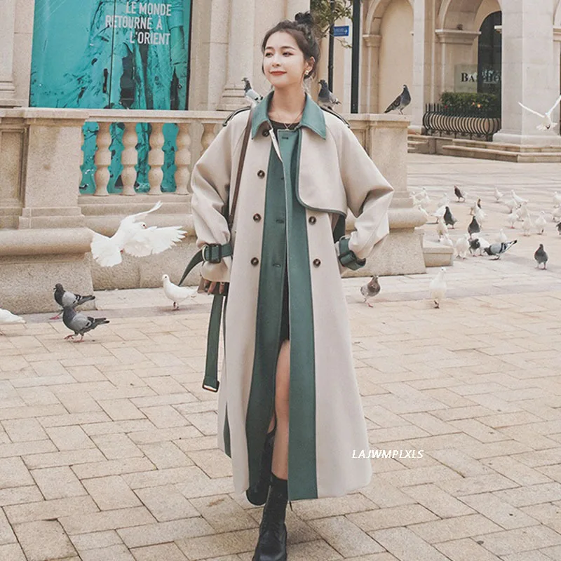 

2021 Women's Windbreaker Contrasting Color Stitching Long Spring Autumn Korean big size trench Coat Female belt Ladies cloak