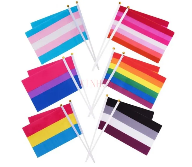 

Rainbow flag Hand Waving Gay Pride LGBT 14x21cm Bisexual Tansgender Pansexual Flags And Banners With Flag Poles