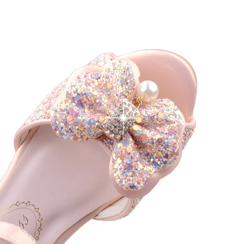 Sandalias de cristal para ni&ntilde;os, calzado elegante de tac&oacute;n alto con lazo brillante, para fiesta de boda, 2022-3