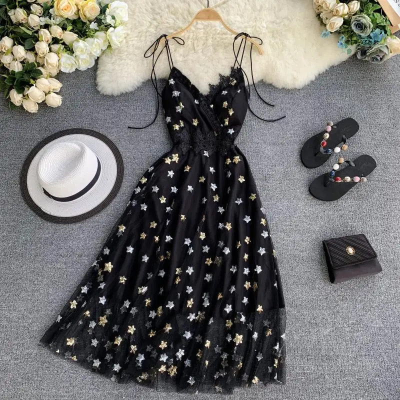 

Vintage Party Dress Mesh Lace Sequined A-line Sexy Dresses 2020 Summer V-neck Stars Vestidos Zipper Clothing