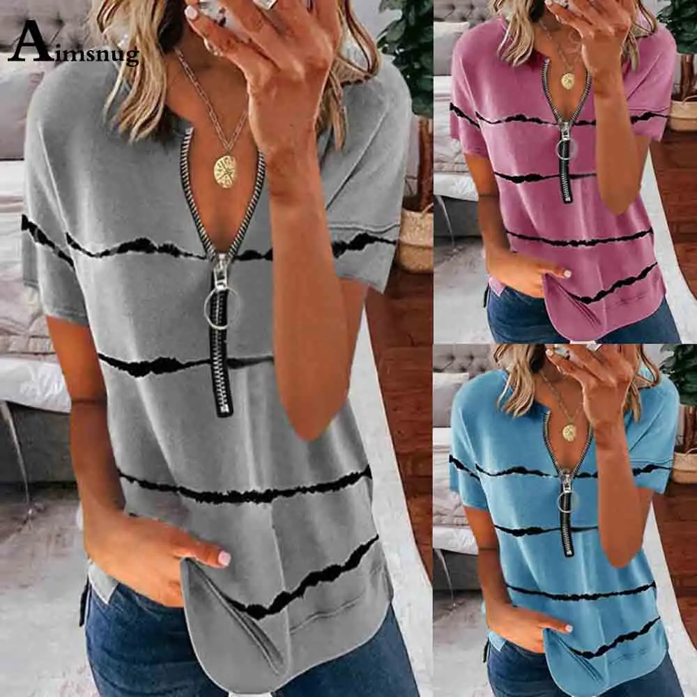 

2021 Women New Stripe Print Tops Ladies Short Sleeve Fashion Zipper T-Shirt Summer Casual Loose Tees Shirt Plus Size S-5XL