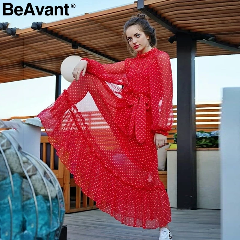 BeAvant, красное платье в горошек, Осень-зима, женское, элегантное, с рукавом-фонариком, длинное, для вечеринок, с рюшами, с круглым вырезом, черное, для девушек, vestidos