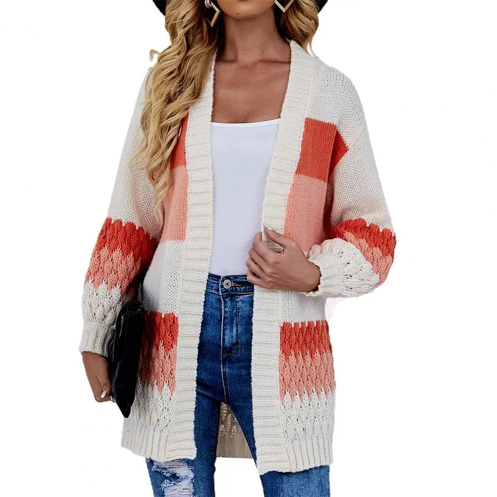 

Женский свитер, пальто контрастных цветов, универсальная осенне-зимняя теплая вязаная куртка с открытым стежком для повседневной носки