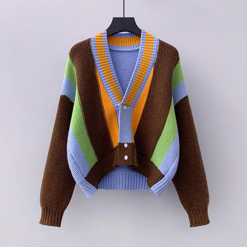 Aguja gruesa corta contraste jersey con colores combinados chaqueta Mujer el 2021 de las mujeres otoño nuevo suelto coreano de moda superior