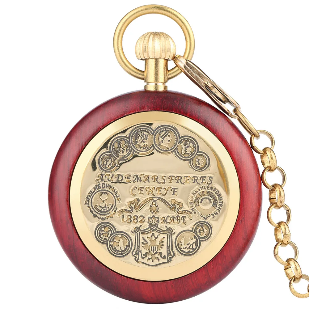 Red Wood Roman Numerals Open Face Pendant Mechanical Pocket Watch Durable Bronze Antique Hand Winding Pendant Chain Male Clock