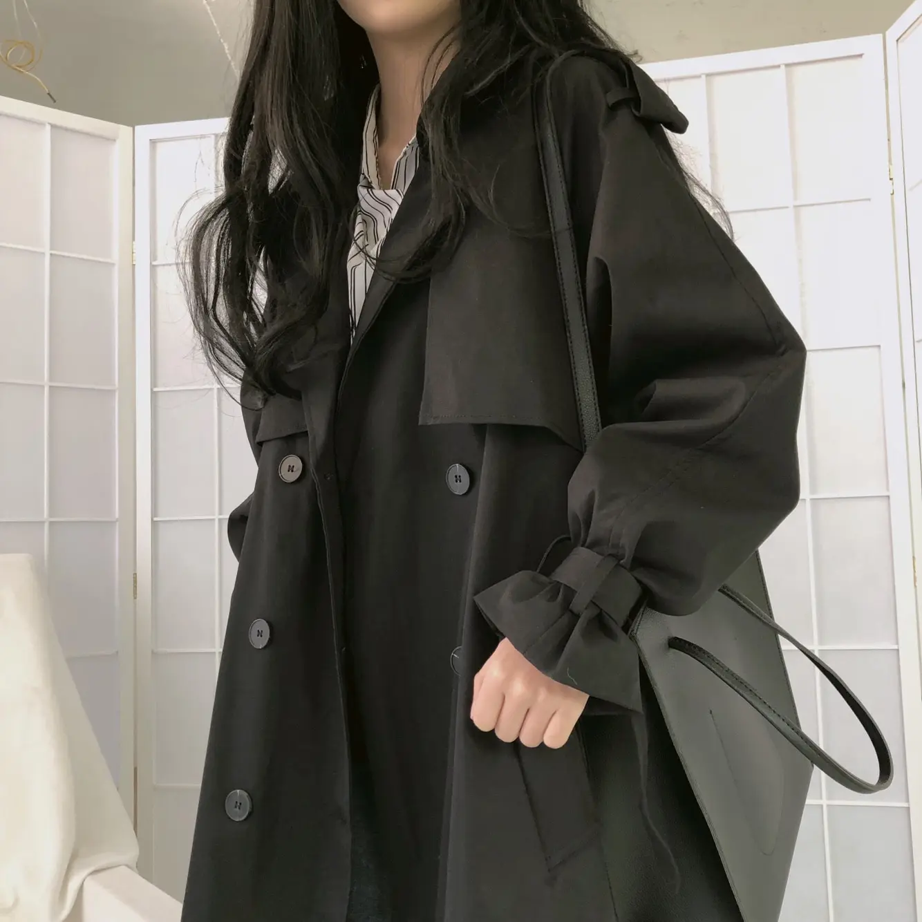 

Autumn Winter Vintage Loose Trench Coat Solid Color Long over-the-Knee Women's Trench Coat With Pocket Turn Down Coller Coat KY9