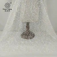 new white polyester embroidery rib mesh tulle lace fabric diy wedding evening dress fabric 1yard