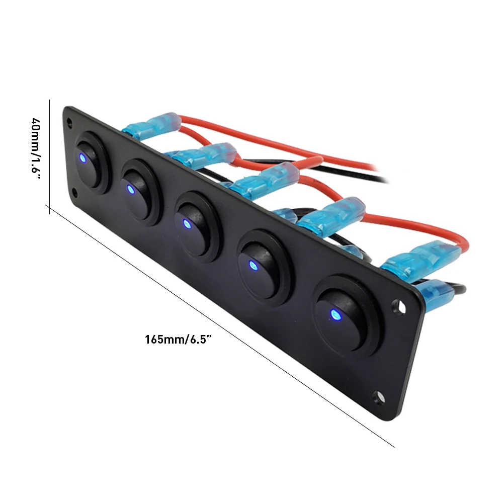 

5 Gang Rocker Switches Panel 12-24V Blue Green Red LED Round Dash Rocker Toggle Switches Panel for RV Boat Yacht Marine