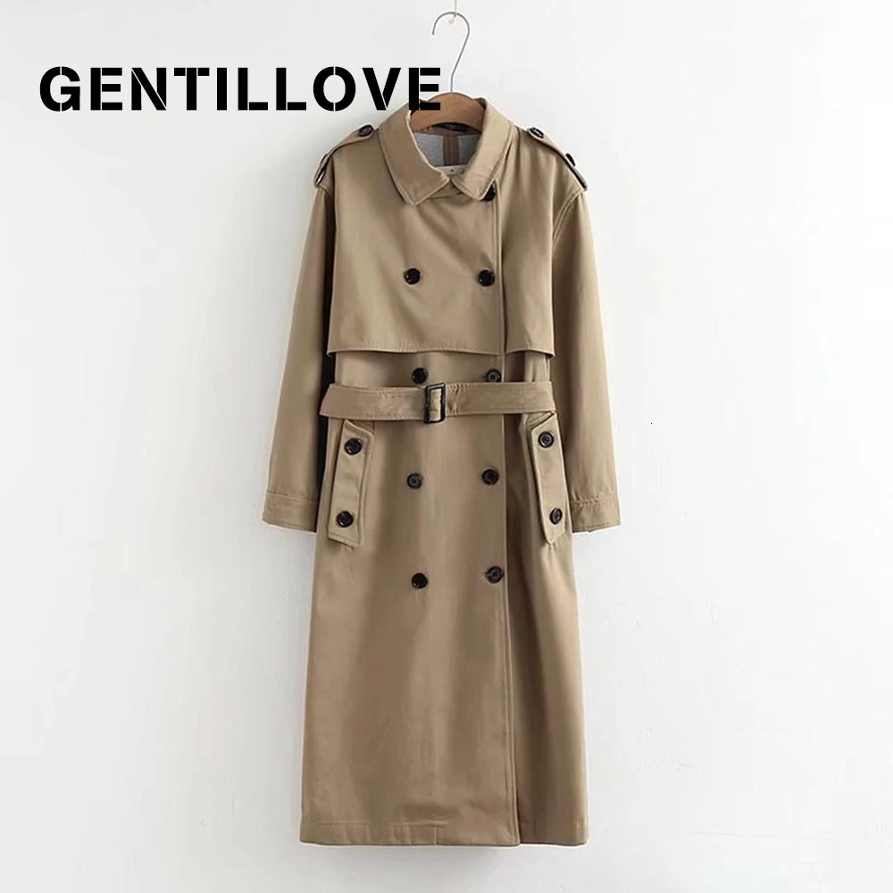 Gentillove корейские длинные тренчи женские осенние зимние с длинным рукавом двубортные пояса для верхней одежды офисные пальто элегантные пальто