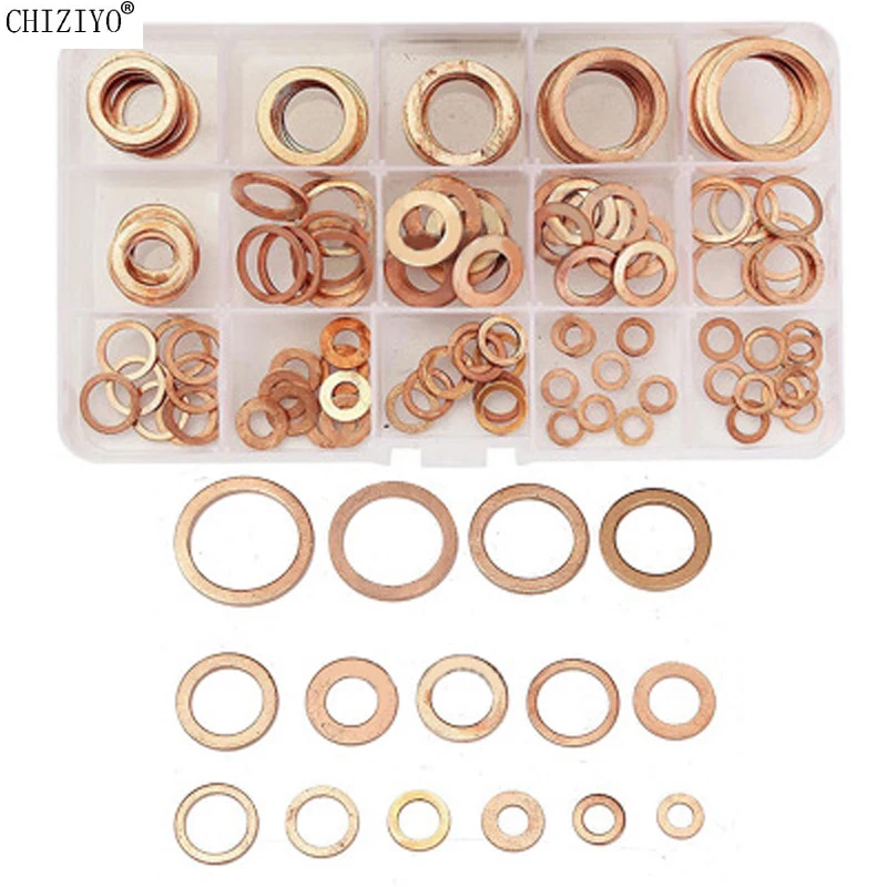 

CHIZIYO 150 pcs M5-M22 Professional Sump Plug Oil Seal Copper Washer Gasket Set Solid Flat Ring Seal Assortment Kit