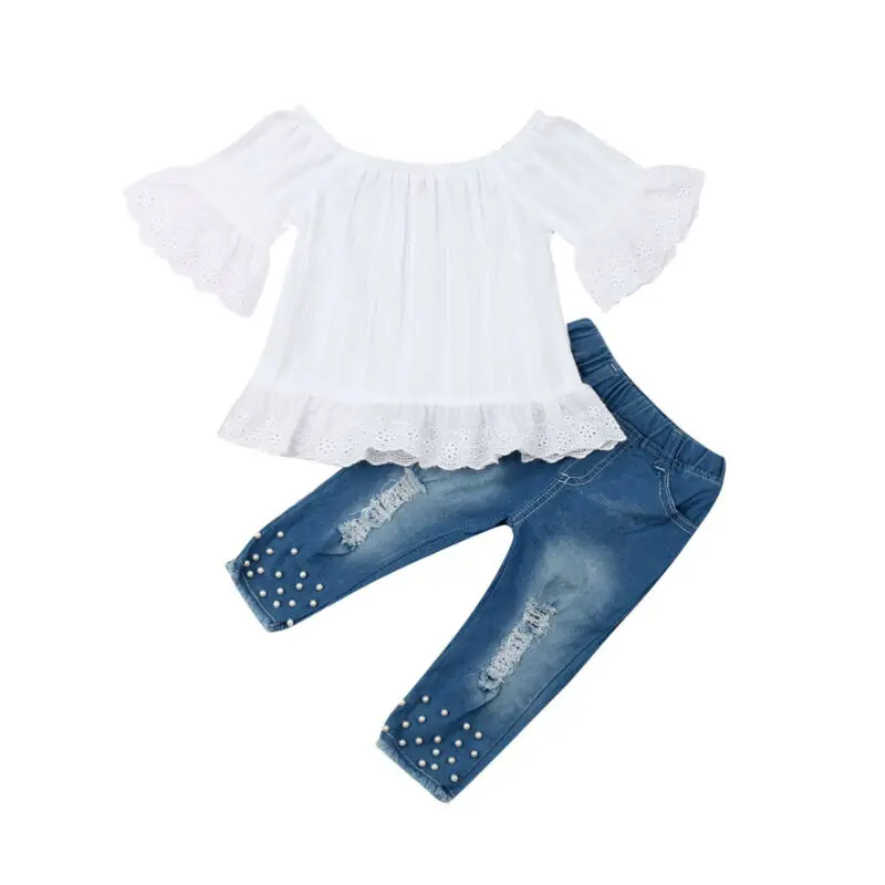 Toddler Kids Baby Girls Summer Off Shoulder Tops Flare Sleeve Blouse T-shirts Denim Long Pants Jeans Outfits Set 1-6Y | Детская одежда