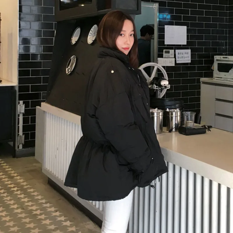 

Korea Women Winter Thick Solid Cotton Parka Drawstring Slim Waist Overcoat Oversize Coat Jacket Zipper Outerwear With Pocket