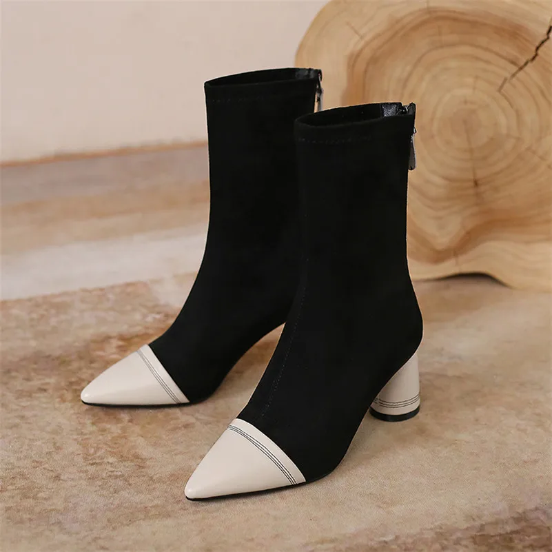 

ANNYMOLI Real Leather High Heel Ankle Boots Woman Boots Round Heel Short Boots Zip Pointed Toe Ladies Shoes Autumn Winter Beige